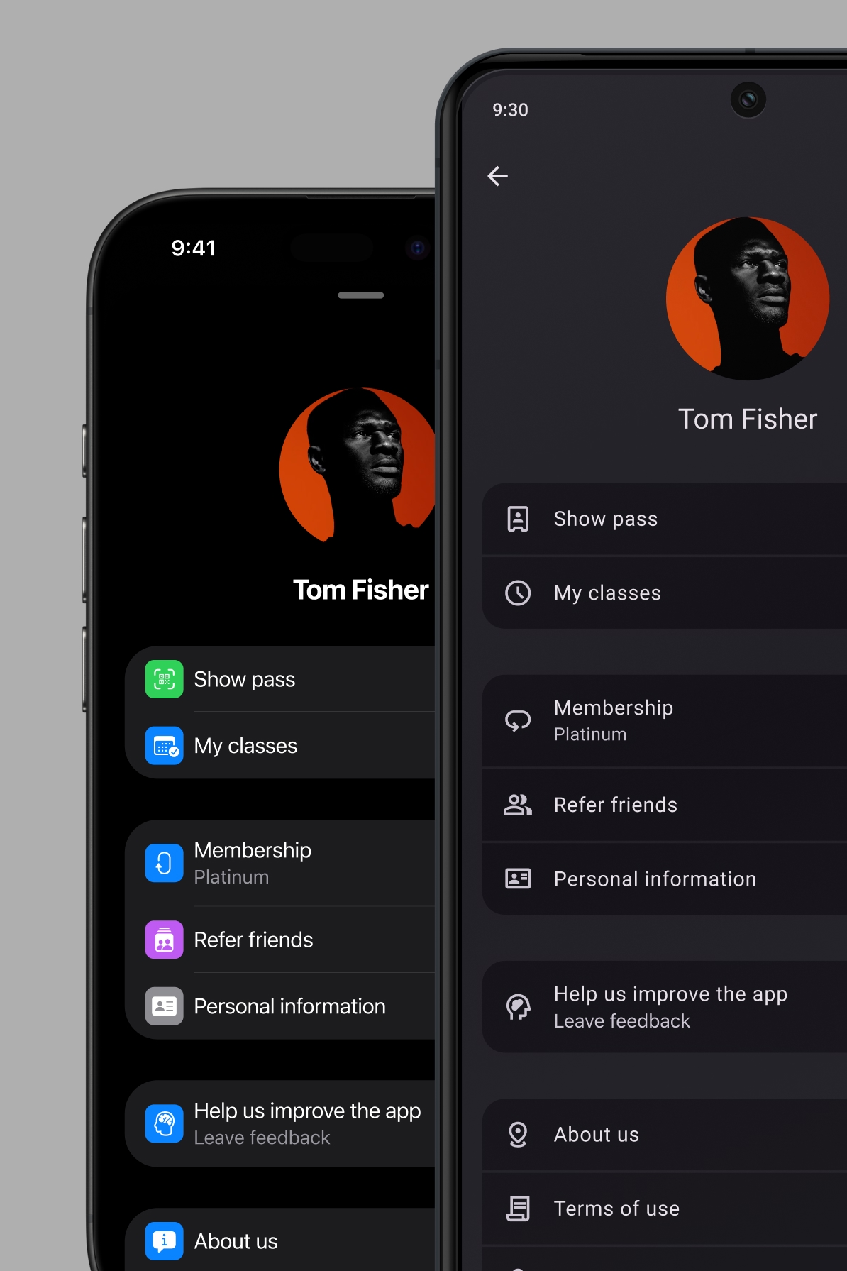 Account area on iOS and Android